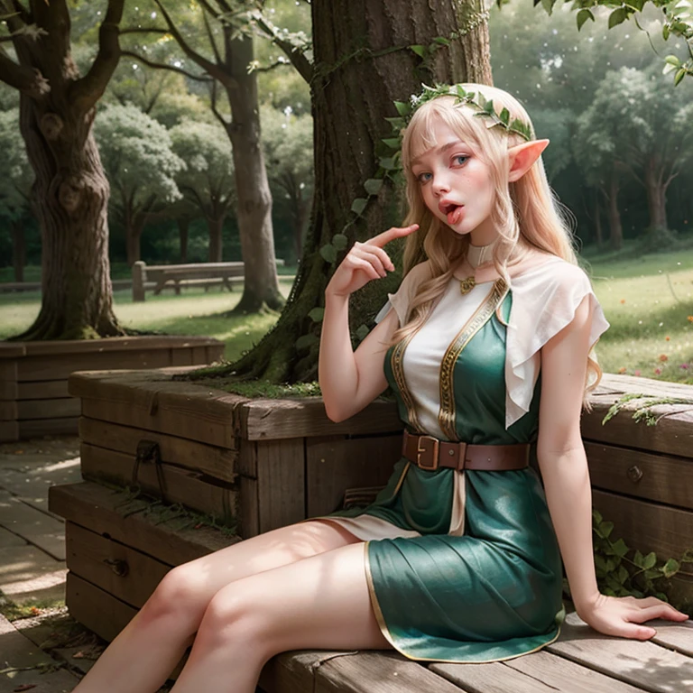 beautiful adult mature elf woman, sitting, (outdoor photography:1.3), fullbody, solo, drool, (open mouth:0.5), (tongue:1.3), ahegao, clearing, sky, nature, Laurel wreath, closeup