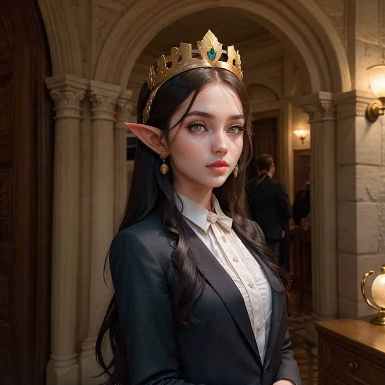 beautiful elf woman, 25yo, princess golden crown, portrait, black haired, (photography:1.3), (suit:1.3)