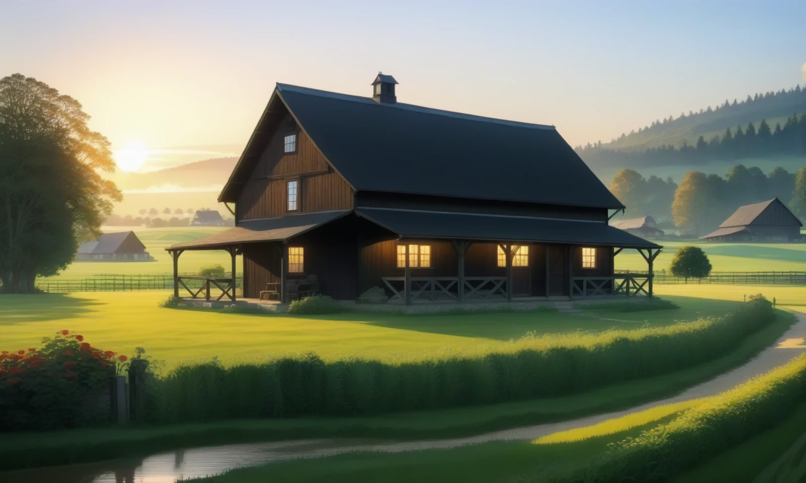 Beautiful scenery, cottage, wooden old houses, barn, fields, sunrise, anime, masterpiece, best quality,