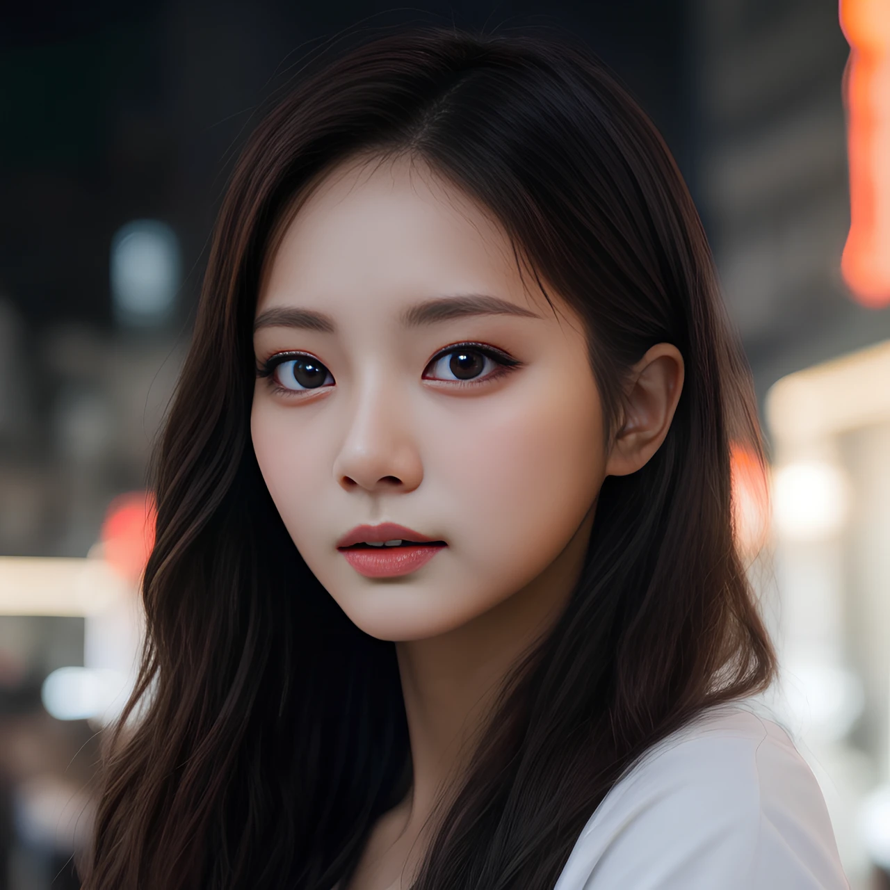 hyper realistic lifelike texture dramatic lighting unreal engine trending on art station, award winning photo, nikon RAW photo,8 k, Fujifilm XT3,masterpiece, best quality, realistic, photorealistic, ultra detailed, extremely detailed face, solo,1girl, standing, fashionable and trendy atmosphere, high-end makeup products, and a stylish expression on her face, close up, t-shirt, beautiful detailed girl, extremely detailed eyes and face, beautiful detailed nose, beautiful detailed eyes, cinematic lighting, city lights at night, perfect anatomy