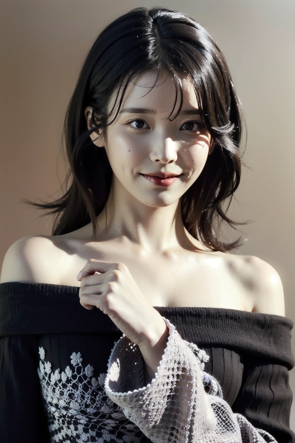 Best quality, masterpiece, ultra high res, (photorealistic:1.4), raw photo,1girl, solo, realistic, lips, black hair, looking at viewer, black eyes, teeth, long hair, hair over one eye, parted lips, nose, close-up, brown hair, simple background, brown eyes, black dress, off shoulder, smile