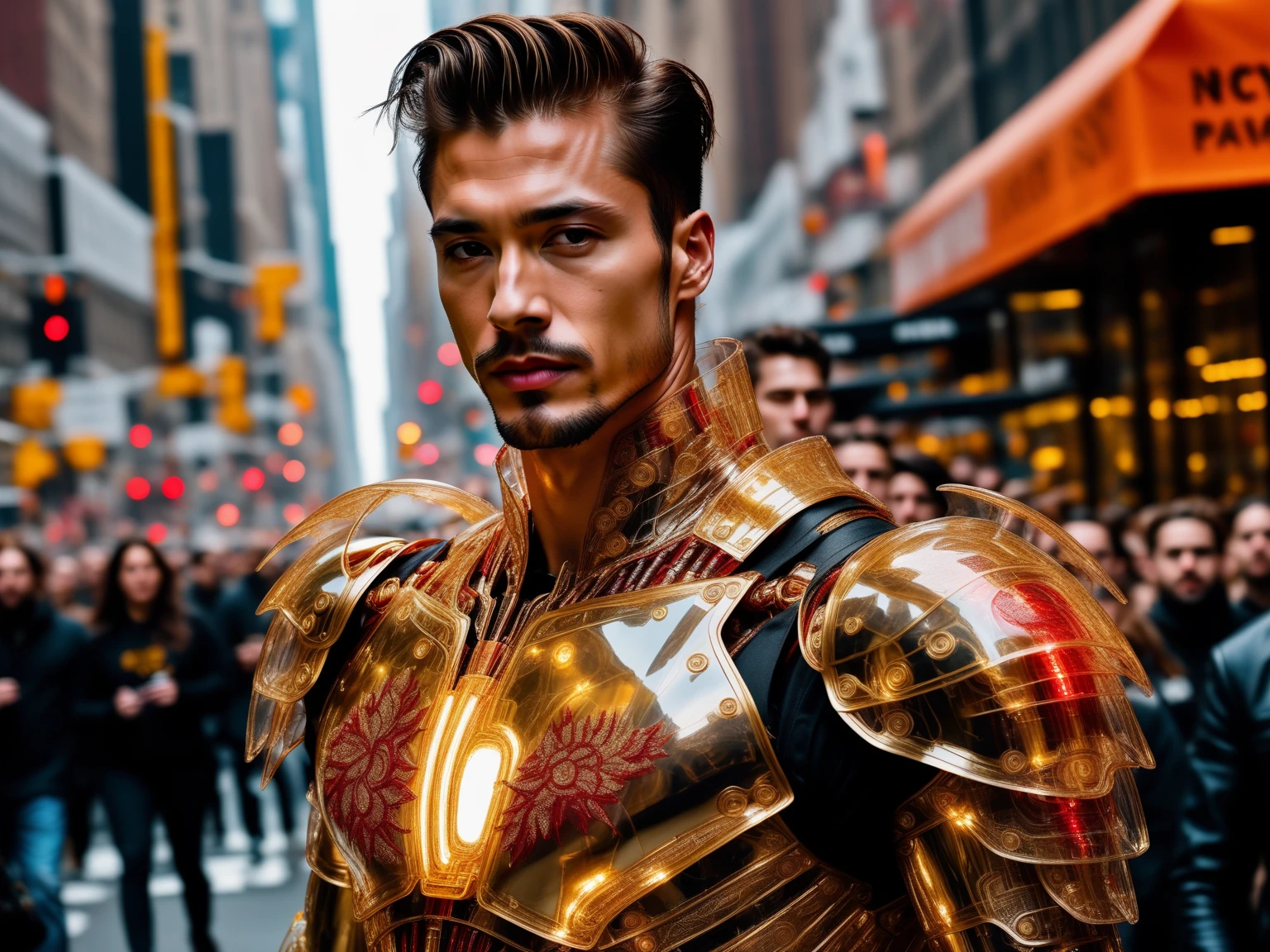 close up, one man wearing an immaculately detailed [red|golden] weird future fashion transparent plastic intricate [iron man:0.1] armor with golden color accents, exposed golden circuitry and embroidery, head visible, with detailed side shaved long punk hairstyle, realistic skin texture, smirking, extremely detailed face, brown eyes, standing next to a crowded new york city street parade celebration, <lora:weird future fashion_v5_xl:1>, cinematic photography, low contrast, overcast, hdr, raw photograph
