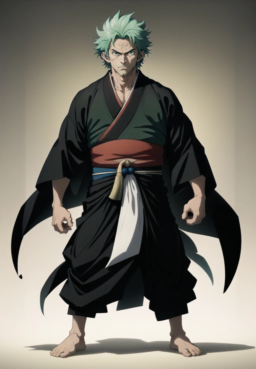 1boy, green hair, angry, standing, full body, black kimono, simple background, masterpiece, best quality,