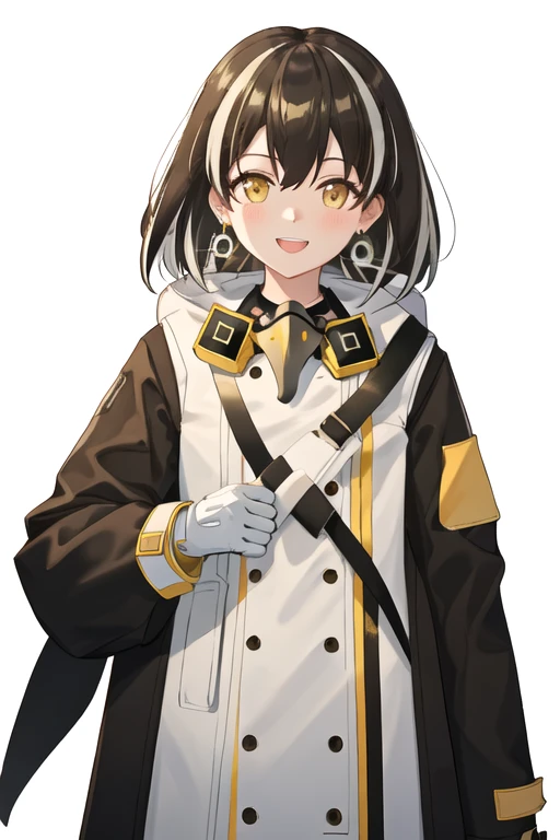 best quality, masterpiece, highres, solo, {magallan_arknights:1.15}, multicolored_hair, streaked_hair, short_hair, white_hair, brown_hair, yellow_eyes, smile, jewelry, earrings, upper_body, bangs, hair_between_eyes, 1girl, coat, mask, gloves, long_sleeves, mask_around_neck, simple_background, white_background, white_gloves, bird_mask, looking_at_viewer, hand_up, open_mouth
