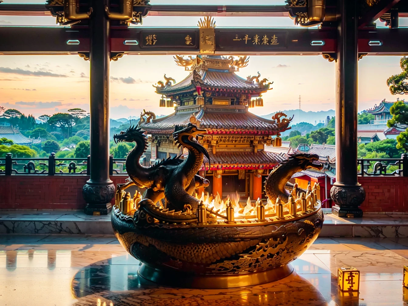 best quality, masterpiece, <(realistic:1.3), intricate details>, (((building))), photorealistic, ornate Taiwanese temple paifang, taiwanese_temple, <lora:taiwanese_temple_first-ver:1>, a large black incense burner with a two symmetric golden dragon decoration on it's side in front of temple