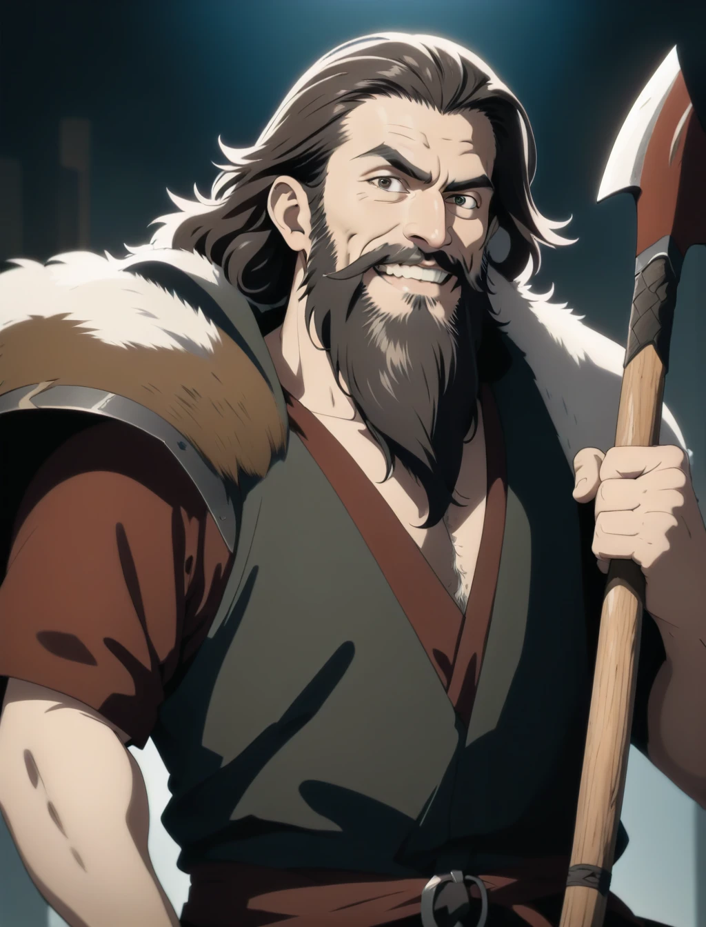 1boy, long beard, happy, upper body, holding axe, masterpiece, best quality,