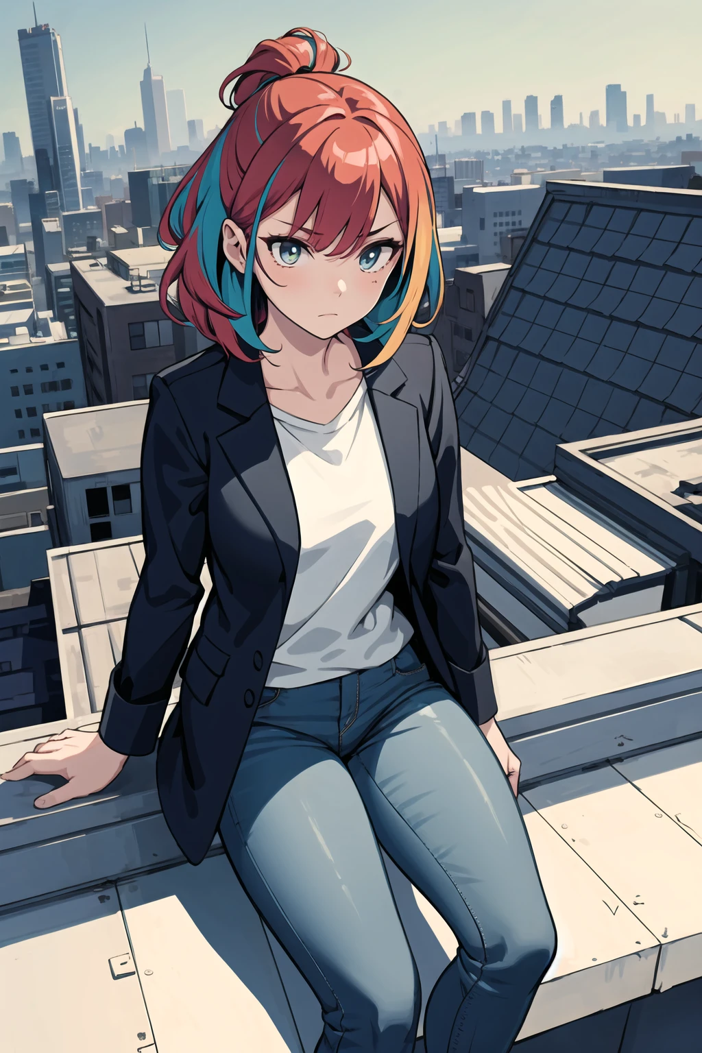 masterpiece, best quality, 1girl, close up, multicolored hair, duster jacket, shirt, jeans, rooftop, city, desolate, serene expression