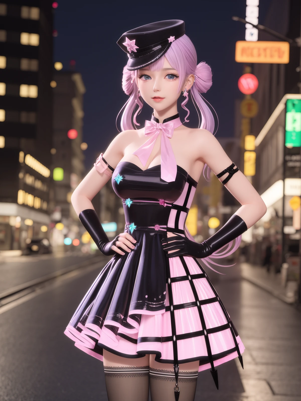 SYNNYWZY,1girl, solo,hat, thighhighs, blue eyes, twintails, jewelry,earrings, looking at viewer, very long hair, black fingerless gloves,pink hair, mature female, cityscape, night, cowboy shot, dress, <lora:SYNNYWZYi-000006:0.75>,hands on hips,