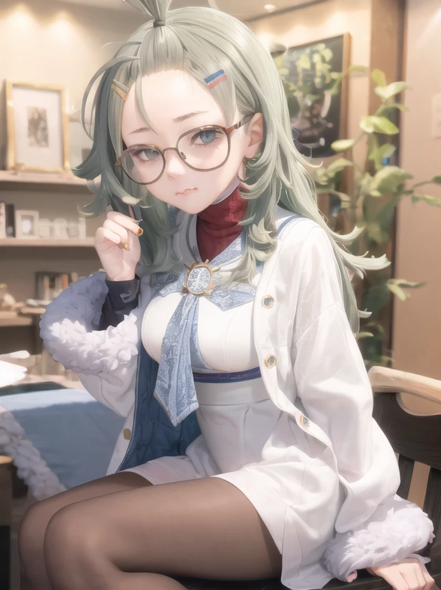 1girl, himekimeru, portrait, glasses, sitting, pout, looking at viewer, dress, pantyhose, forest <lora:himeki_meru-000003:0.8>