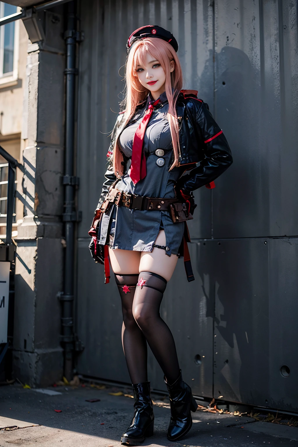 best quality, masterpiece, realistic, (photorealistic:1.4), 1girl, solo, full body, looking at viewer, smile, standing, rapi cosplay costume, cosplay, ammunition belt, jacket, bullet, hat, necktie, gloves, thighhighs, boots, detailed background, wall, <lora:nikke_rapi_cosplay_costume_v1:0.7>