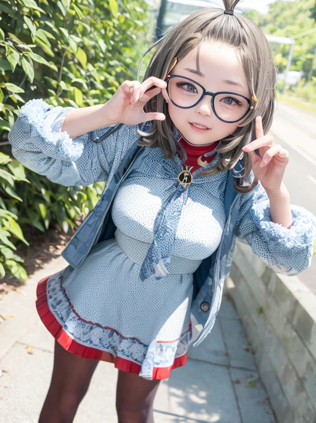 1girl, himekimeru, portrait, glasses, standing, open mouth, smile, looking at viewer, dress, pantyhose, river, mountain <lora:himeki_meru-000003:0.8>
