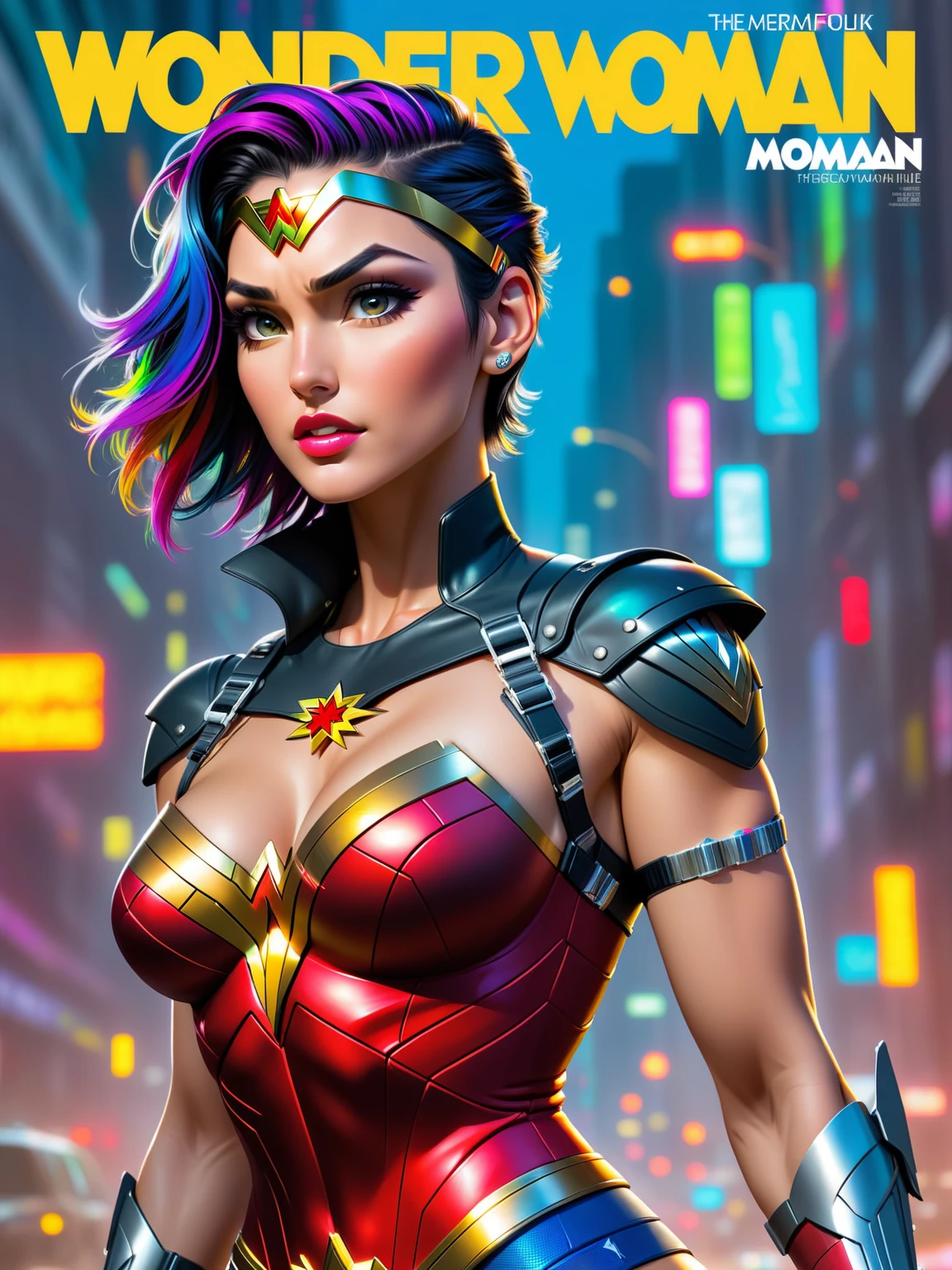 adult wonder woman, modern magazine cover with large wonder woman text, supermodel, weird future fashion <lora:weird future fashion_v5_XL-000003:1>, color splash, detailed [short:colored black:0.5] hair, athletic toned body, [scifi cyberpunk, :0.1]punk side shaved colored streaks hairstyle, piercings, detailed tiara and neck harness, worn out scuffed metal, model posing, deep cleavage, detailed cloth folds, hdr, photoshoot, well lit[, smirking expression:0.2]