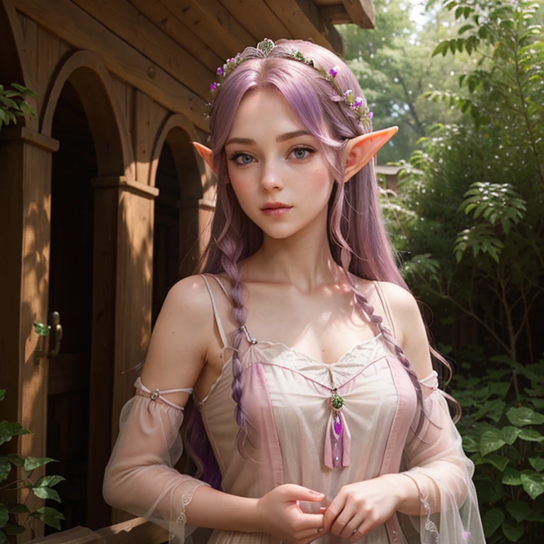 beautiful purple-haired elf woman, (outdoor photography:1.3), princess diadem, portrait