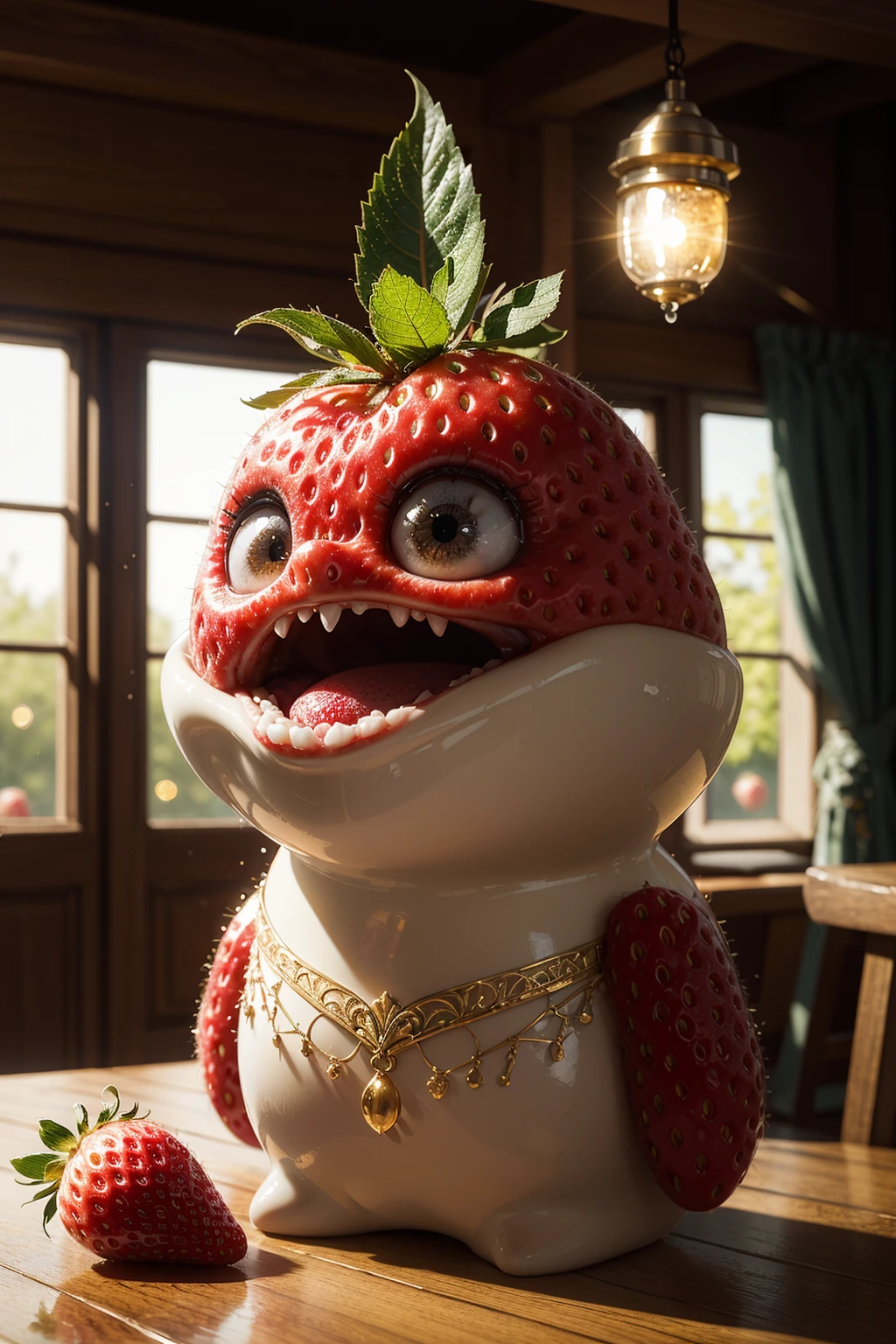 very cute appealing anthropomorphic strawberry,looking at the viewer,big grin,happy,fruit,berry,droplets,macro,sunlight,fantasy art,dynamic composition,dramatic lighting,epic realistic,award winning illustration, 3d render, cgi, symetrical, octane render, 35mm, bokeh, (intricate details:1.12), hdr, (intricate details, hyperdetailed:1.15)