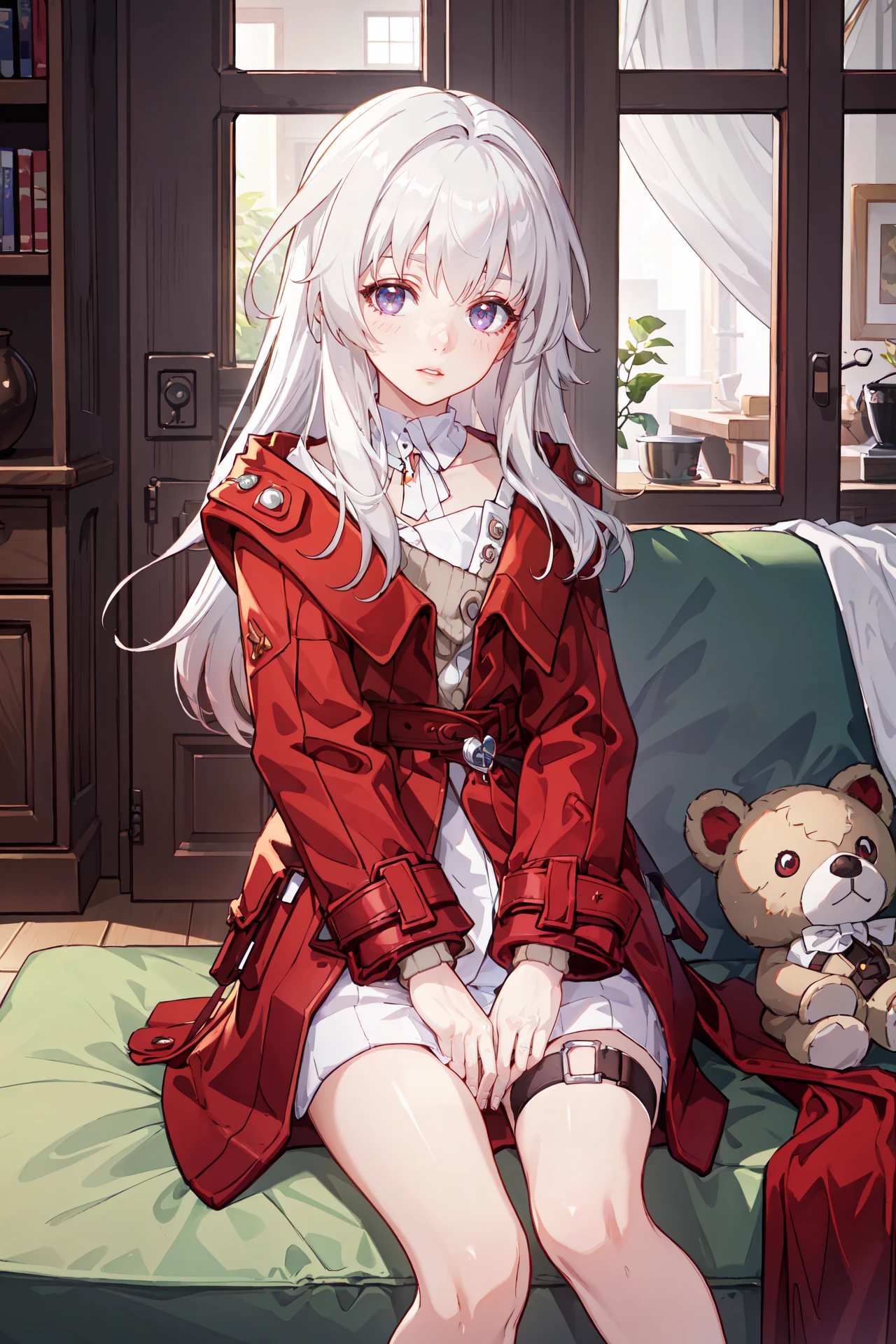 (extremely detailed CG unity 8k wallpaper,masterpiece, best quality, ultra-detailed, beautiful detailed eyes:1.2), 1girl, clara \(honkai: star rail\), solo, red coat, white dress, detached collar, sweater, outdoors, barefoot, thigh strap, parted lips, looking at viewer, sitting, on couch, living room, stuffed toy, window, sunbeam