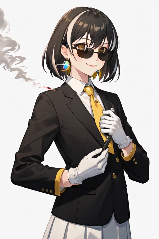 best quality, masterpiece, highres, solo, {black business suit:1.40}, {tie:1.20}, {sunglasses:1.25}, {white gloves:1.15}, {white shirt:1.10}, {black skirt:1.15}, {smoking:1.20}, handsome, {magallan_arknights:1.15}, multicolored_hair, streaked_hair, short_hair, white_hair, brown_hair, yellow_eyes, smile, jewelry, earrings, upper_body, bangs, hair_between_eyes
