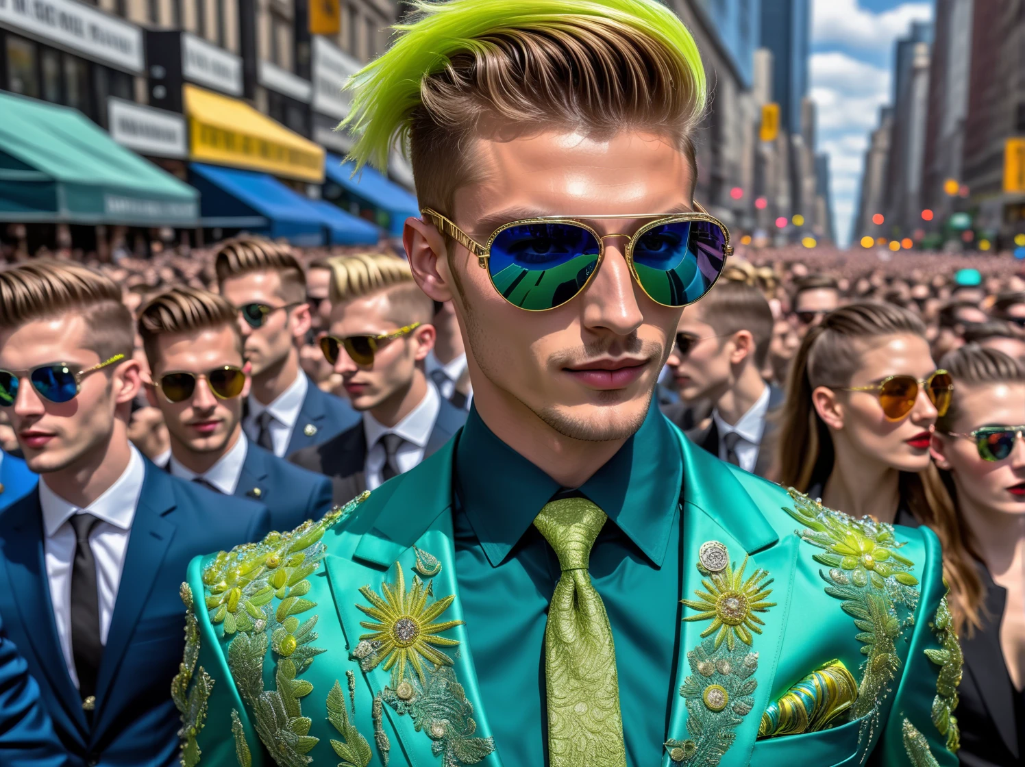 close up, one handsome man wearing an immaculately detailed [red|navy|yellow|blue|bright green|golden] weird future fashion plastic tailored suit, with intricate embroidered accents, weird future fashion sunglasses, with detailed [long|short] punk hairstyle, smirking, extremely detailed face, standing at a crowded city parade celebration, <lora:weird future fashion_v5_XL:1>, detailed hair, realistic skin texture, cinematic photography, low contrast, overcast, (hdr, raw photograph)