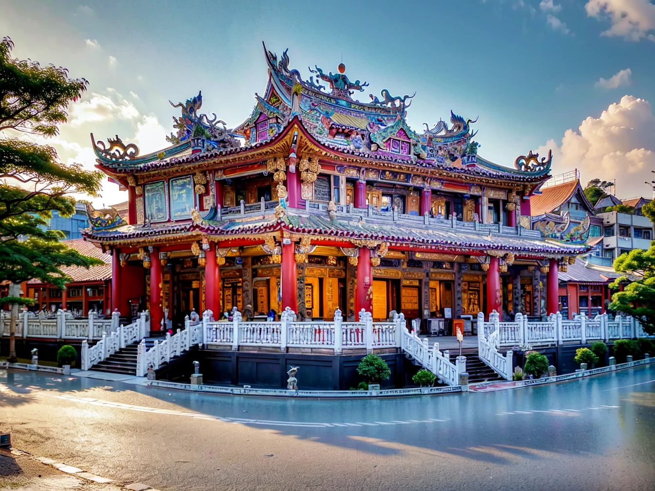 best quality, masterpiece, <(realistic:1.3), intricate details>, (((building))), photorealistic, ornate Taiwanese temple paifang, taiwanese_temple, <lora:taiwanese_temple_first-ver:1>