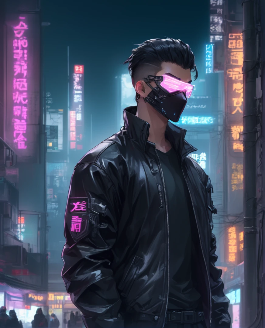 1boy, black hair, black jacket, black shirt, cyberpunk, cyberpunk style, cyborg, depth of field, glowing, hair slicked back, jacket, leather, leather jacket, male focus, mask, night, open clothes, open jacket, outdoors, shirt, short hair, solo, undercut, 
<lora:sdxl_cyberpunk:0.65>