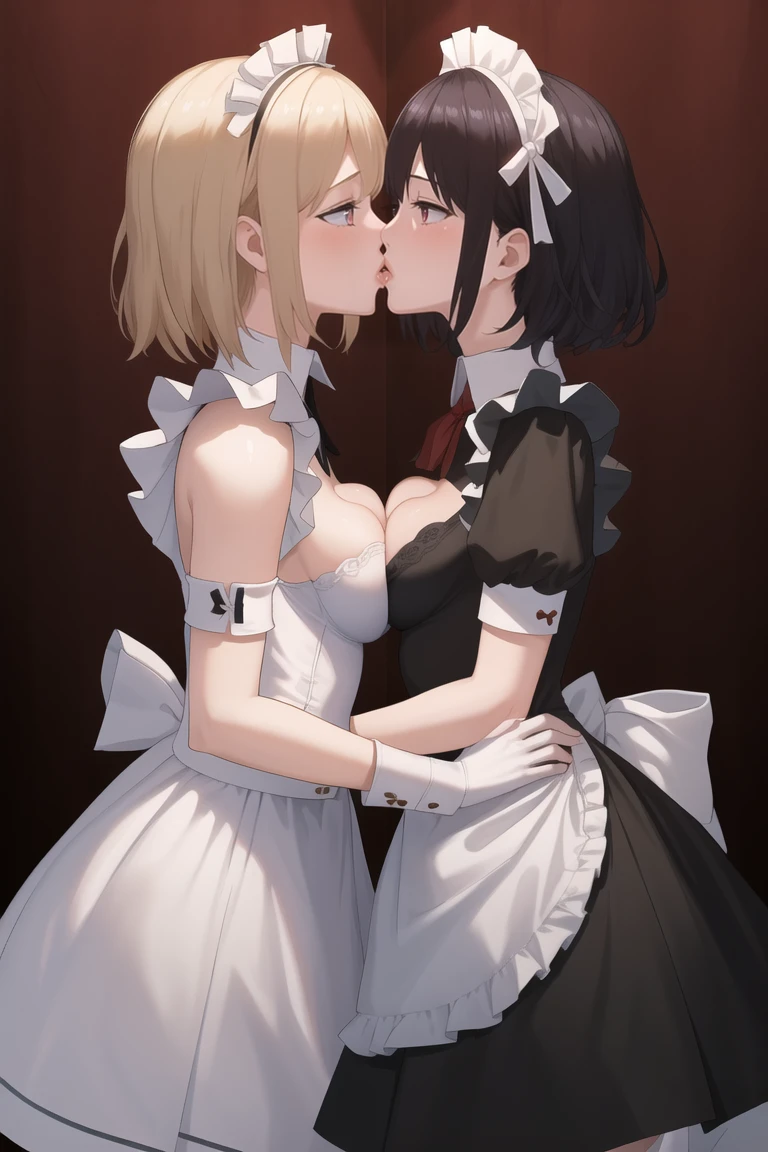 masterpiece, best quality, CG, wallpaper, HDR, high quality, high-definition, extremely detailed, breast press, 2girls, medium breasts, kissing, maid outfit