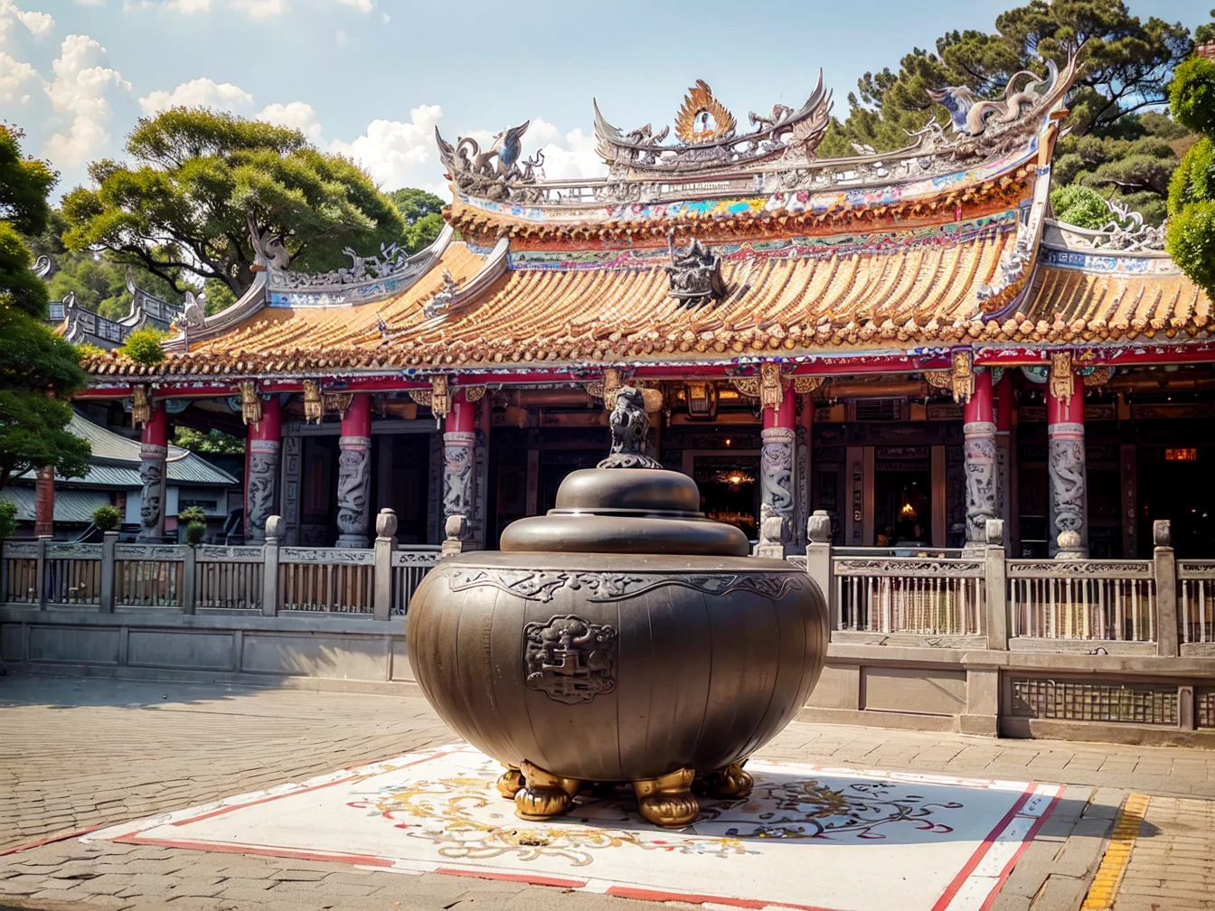 best quality, masterpiece, <(realistic:1.3), intricate details>, (((building))), photorealistic, ornate Taiwanese temple paifang, taiwanese_temple, <lora:taiwanese_temple_first-ver:1>, a large black incense burner