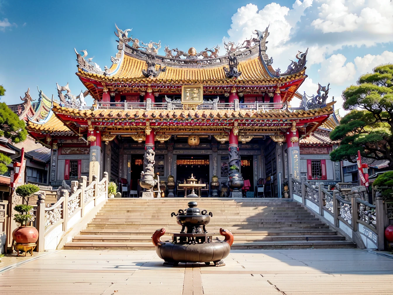 best quality, masterpiece, <(realistic:1.3), intricate details>, (((building))), photorealistic, ornate Taiwanese temple paifang, main hall, Dian, gold-leaf decorations, Buddhism and Taoism, Taiwan and traditional Chinese religious places, colorful ceramic tiles, curved temple roof, intricate carvings, vibrant colors, Elaborate stone or wood sculptures, Altars, a few incense sticks are inserted in a delicate Taiwanese incense burner, paper money,
tree, no humans, architecture, scenery, blue sky, bridge, building, outdoors, pagoda, grass, stairs, front view, taiwanese_temple, <lora:taiwanese_temple_first-ver:1>