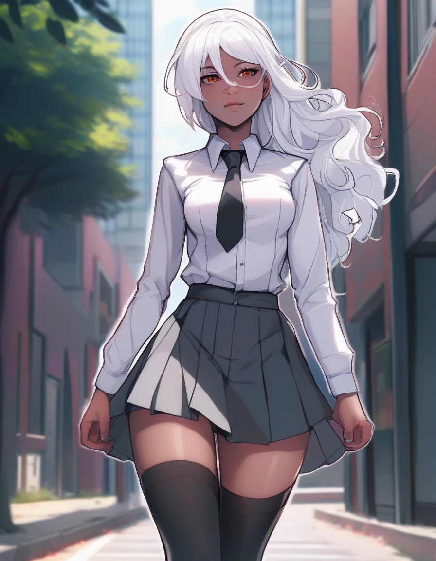 colored lineart, lineart, cel shading, anime style, best quality, masterpiece, detailed background, thick outlines, drow, school uniform, contemporary, drow woman wearing a school uniform, grey skin, black skin, button up shirt, pleated skirt, thighhighs, walking down street, white hair, red hair, pointy ears