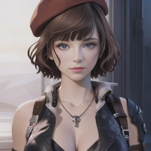 (masterpiece, best quality:1.2),illustration,8k,hd,1girl,solo,realistic,delicate face,beautiful detailed eyes,brown hair,red hair,beret,skull necklace,short hair,jewelry,necklace,breasts,bangs,high heel boots,ingerless gloves,jeans,large breasts,cleavage,belt,midriff,sleeveless,elbow pads,<lora:Anqier-V1:0.9>,