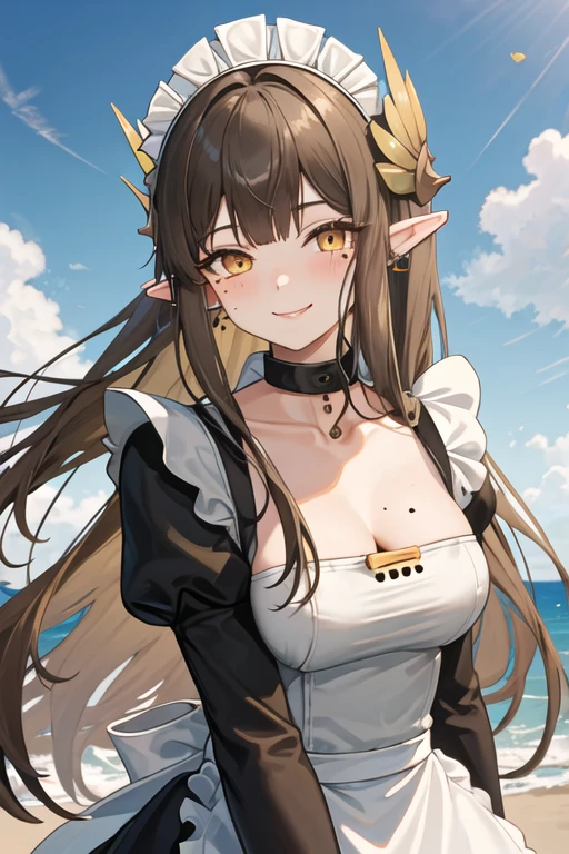 best quality, masterpiece, highres, solo, {maid:1.40}, {long maid dress:1.15}, {muelsyse_arknights:1.15}, long_hair, pointy_ears, bangs, smile, yellow_eyes, very_long_hair, mole_under_eye, brown_hair, mole, blush, collarbone