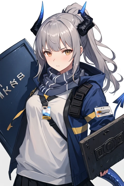 best quality, masterpiece, highres, solo, {liskarm_arknights:1.15}, horns, dragon_horns, grey_hair, ponytail, long_hair, bangs, tail, dragon_girl, dragon_tail, brown_eyes, 1girl, blue_jacket, jacket, looking_at_viewer, open_clothes, open_jacket, shield, black_shirt, id_card, shirt, upper_body, scarf