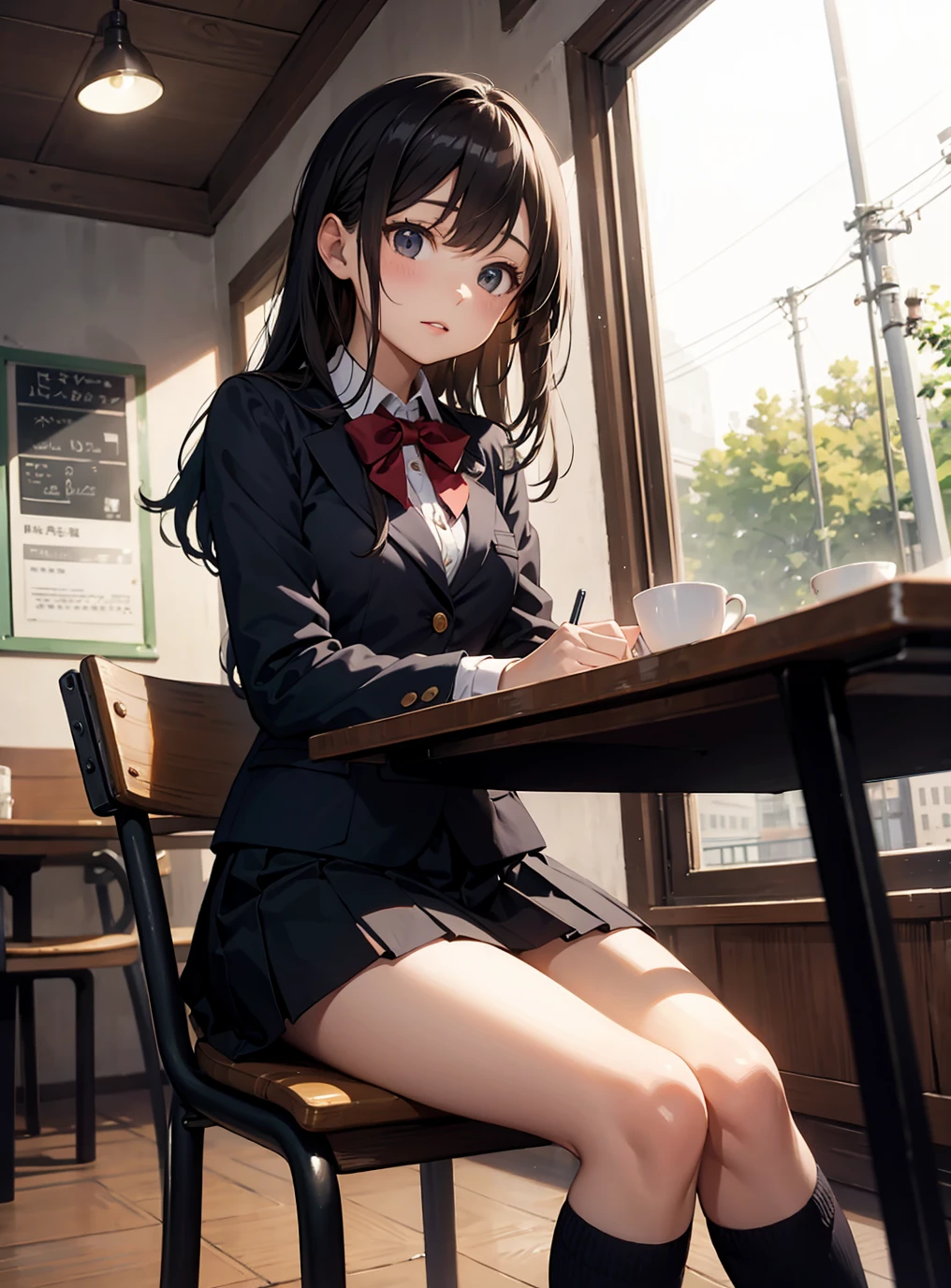 masterpiece, best quality, 1girl, young, school uniform, skirt, sitting on chair, cafe, POV dating, (cinematic composition, cinematic angle)