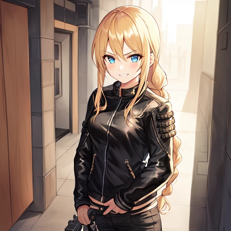 {1girl}, determined, biker jacket, casual pants, masterpiece, smirking, perfect detailed on hands, illustration, beautiful-detailed eyes,  ultra detailed, {long hair}, {katana}, hallway, small breasts, blonde hair with highlights, futuristic city, industrial, monitors, open area, from front, eye focus, determined, determined look, braided ponytail