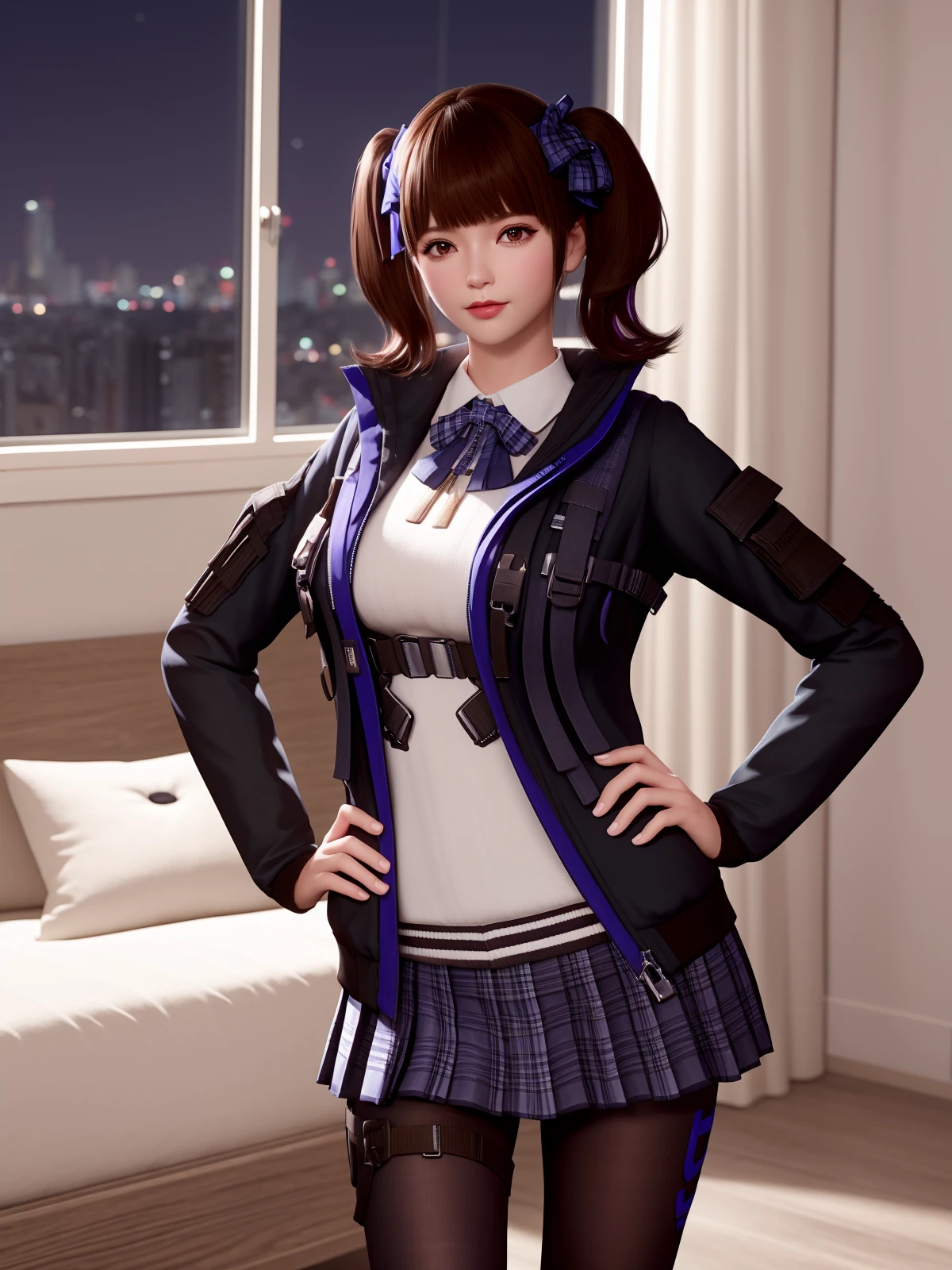 CFguanxiaoyuBWZ, 1girl, solo,black pantyhose, twintails,  brown hair, pleated skirt, lips, jacket, hair bow,school uniform, brown eyes,thigh holster, plaid skirt, ribbon,bowtie,bangs, <lora:CFguanxiaoyuBWZ:0.75>,cityscape, night, looking at viewer,hand on hip, window, bedroom,