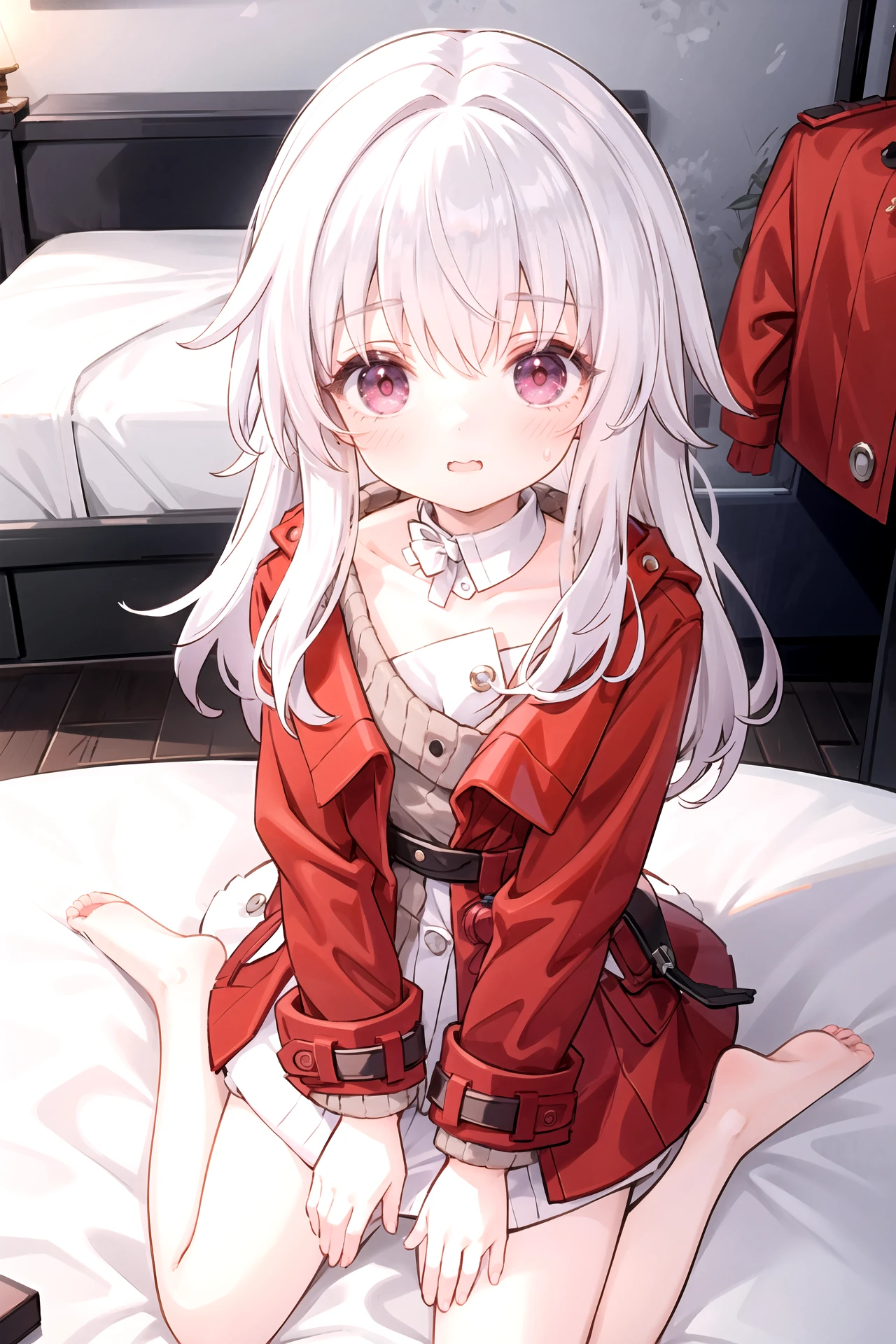 1girl, clara \(honkai: star rail\), solo, red eyes, red coat, detached collar, sweater, white dress, barefoot, blush, shy, looking at viewer, wariza, bed, indoors, from above