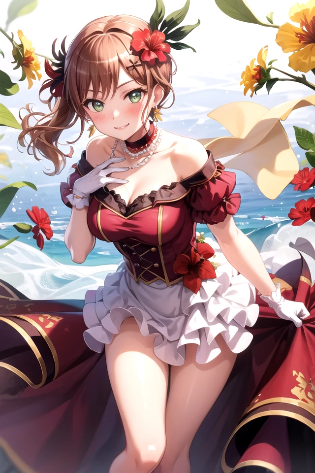 <lora:Lisachi-05:0.8> ,lisachi, looking at viewer, blush, smile, hair ornament, gloves, dress, bare shoulders, jewelry, collarbone, flower, earrings, frills, choker, white gloves, hair flower, necklace, red dress, frilled dress, hand on own chest, red flower, beads, yellow flower, hibiscus, layered dress, bead necklace, pearl necklace, pearl (gemstone)