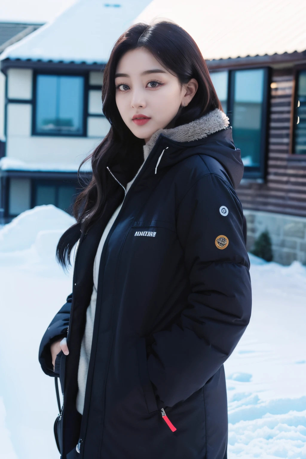 <lora:Jihyo_BRA:1>, a picture of Jihyo, jacket, winter clothes, winter coat, outdoors, snow, (detailed lighting, extremely detailed skin, extremely detailed hair, shadows, 8k), looking at viewer, (High Key Lighting), masterpiece, top quality, best quality, official art, unity 8k wallpaper, highres, ultra-high res, ultra-detailed, beautiful and aesthetic