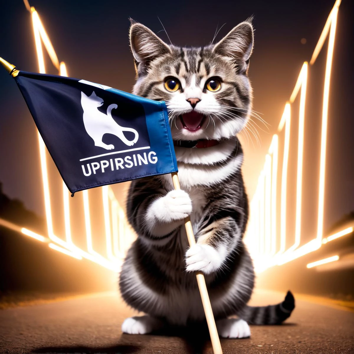 Long exposure photo of a cat activist is holding flag with the text "VAE", uprising . Blurred motion, streaks of light, surreal, dreamy, ghosting effect, highly detailed