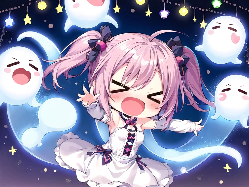 1girl, (chibi:1.3), ghost girl, ghosts, smile, eyes open, laugh, dancing, party night, ><, open mouth, <lora:hotarueye_comic1_v100:1>, <lora:flat2:-0.4> <lora:widemouth_v100:0.6>