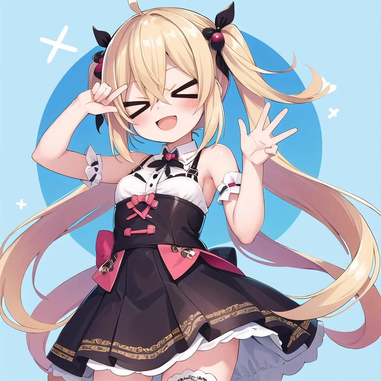 insanely detailed, absurdres, ultra-highres, ultra-detailed, best quality, (chibi:1.3), 1girl, solo, 16 years old, nice hands, perfect hands, BREAK, (wearing harajuku-style coordinate), happy smile, laugh, open mouth, openeyes, ><, dynamic pose, cowboy shot, looking at viewer, BREAK, slender, kawaii, perfect symmetrical face, ultra cute girl, ultra cute face, ultra detailed eyes, ultra detailed hair, ultra cute, ultra beautiful, BREAK, (blonde medium hair, black eyes), hair between eyes <lora:hotarueye_comic1_v100:1>