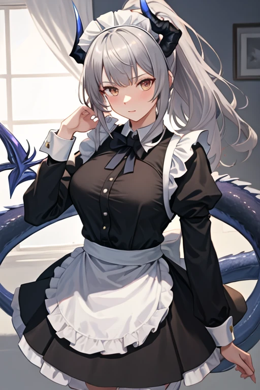 best quality, masterpiece, highres, solo, {maid:1.40}, {long maid dress:1.15}, {liskarm_arknights:1.15}, horns, dragon_horns, grey_hair, ponytail, long_hair, bangs, tail, dragon_girl, dragon_tail, brown_eyes
