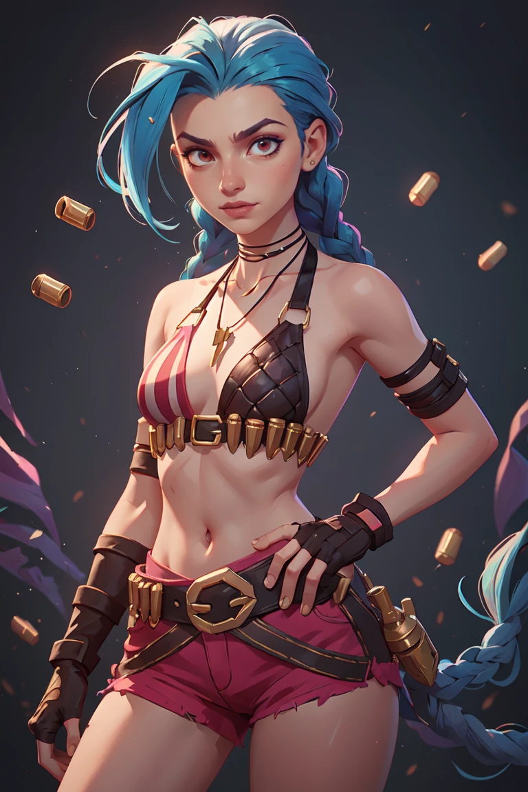 (masterpiece, best quality:1.2), intricate details, <lora:jinx_default_lol:0.8>, jinx \(league of legends\), 1girl, twin braids, single elbow glove, short shorts, bikini top only, necklace, belt, bullet, fingerless gloves, <lora:GoodHands-beta2:1>