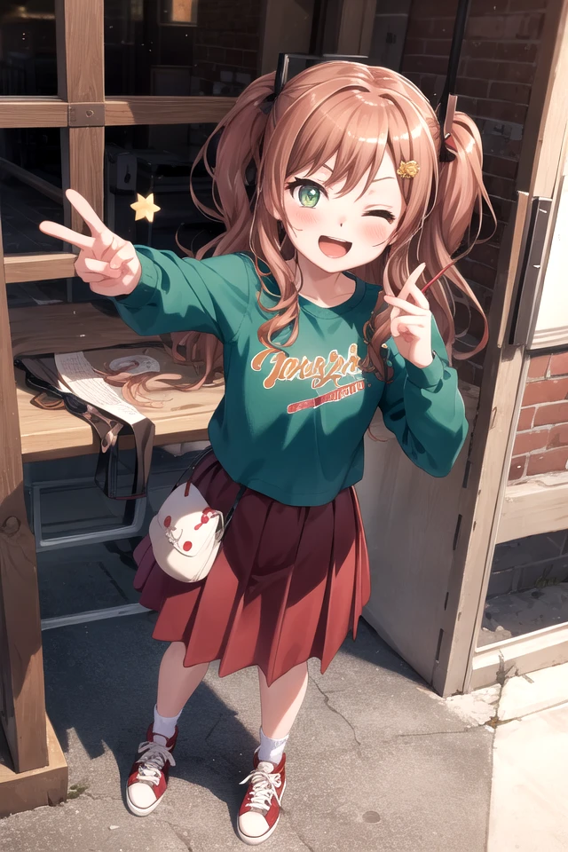 <lora:Lisachi-05:0.8> , lisachi, looking at viewer, blush, smile, open mouth, skirt,shirt, hair ornament, long sleeves, standing, full body, pleated skirt, one eye closed, shoes, star (symbol), two side up, red skirt, ;d, aged down, red footwear, sneakers, instrument, child, star hair ornament, green shirt, female child, drum