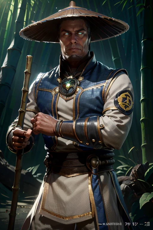 ((masterpiece)), ((best quality)), (ultra-detailed), absurdres, extremely detailed CG unity 8k wallpaper, Official Art, Accurate describe shapes, beautiful face, detailed hands, expressive eyes, upper body, looking at viewer, solo, (realistic), close-up, (standing, holding staff, fighting stance, serious:1.2), (bamboo forest, dramatic light, thunder surrounds, thunder chain, scenery, illustration:1.1), (1boy, mature male, muscular male, glowing eyes:1.4), (brown headwear, jingasa, amulet, beads, fingerless robe, arm guards, white shirt, white pants, long sleeves, blue vestments:1.3), ((masterpiece)), absurdres, HDR, raiden (mortal kombat), <lora:epi_noiseoffset2:0.8> <lora:GoodHands-vanilla:1> <lora:Raiden:0.7>