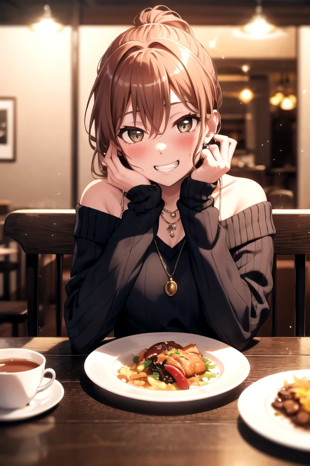 <lora:Lisachi-05:0.8> , lisachi, looking at viewer, blush, smile, long sleeves, hair between eyes, brown eyes, jewelry, sitting, ponytail, earrings, food, solo focus, indoors, necklace, off shoulder, grin, blurry, sweater, cup, window, sparkle, pov, table, building, light particles, lens flare, plate, reflection, teacup, head rest, city, tea, saucer, coffee, city lights, restaurant, cafe, menu, pov across table