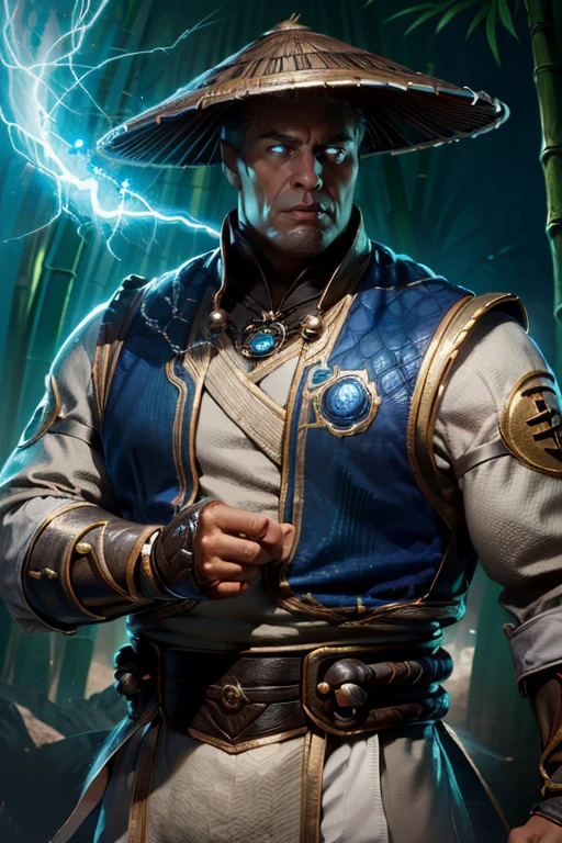 ((masterpiece)), ((best quality)), (ultra-detailed), absurdres, extremely detailed CG unity 8k wallpaper, Official Art, Accurate describe shapes, beautiful face, detailed hands, expressive eyes, upper body, looking at viewer, solo, (realistic), close-up, (standing, fighting stance, casting spell, thunder spell, serious:1.2), (bamboo forest, dramatic light, thunder surrounds, thunder chain, scenery, illustration:1.1), (1boy, mature male, muscular male, glowing eyes:1.4), (brown headwear, jingasa, amulet, beads, fingerless robe, arm guards, white shirt, white pants, long sleeves, blue vestments:1.3), ((masterpiece)), absurdres, HDR, raiden (mortal kombat), <lora:epi_noiseoffset2:0.8> <lora:GoodHands-vanilla:1> <lora:Raiden:0.7>