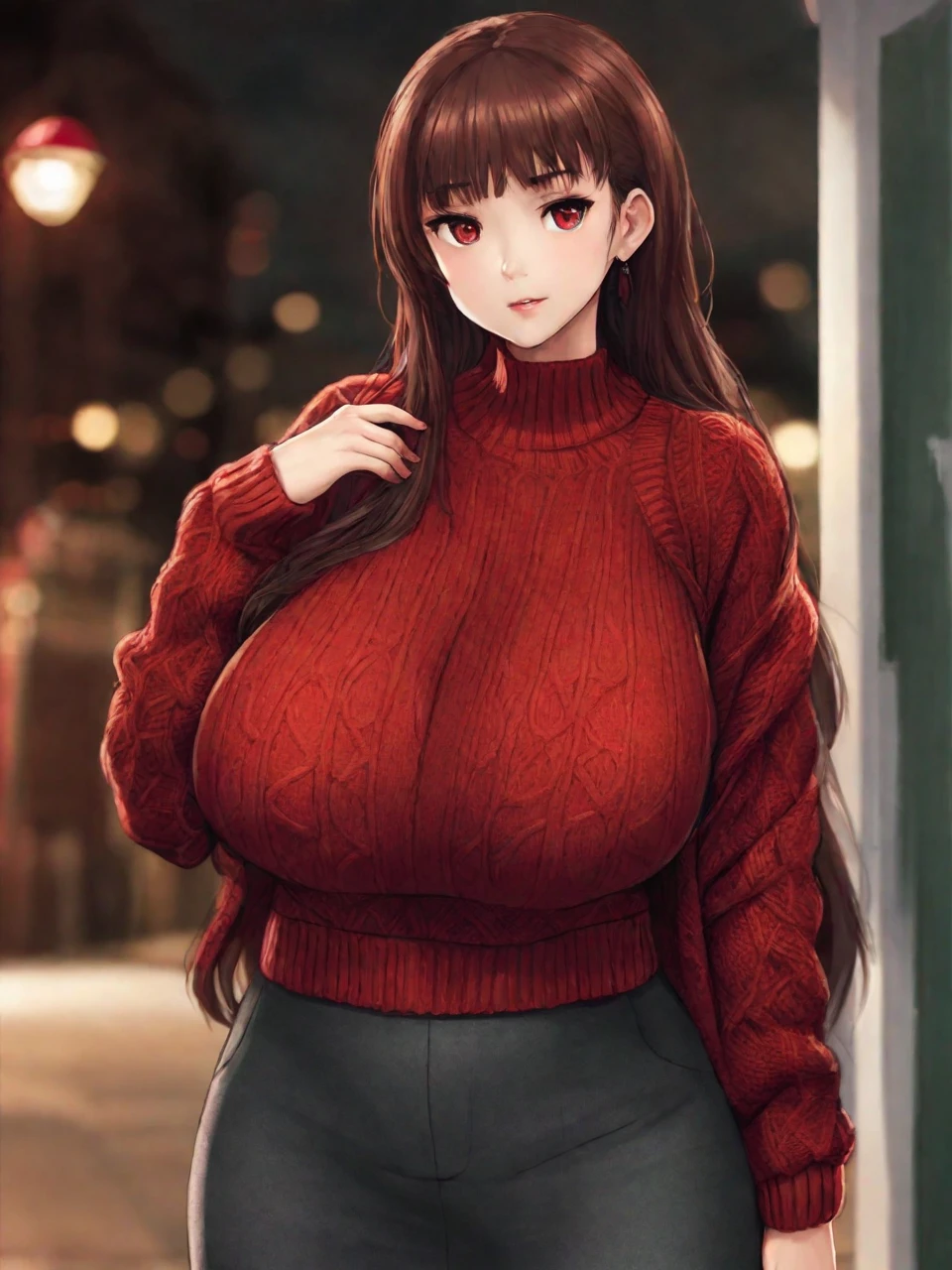 <lora:milkers:1>,a girl in a red sweater with big breasts, 8k, 2d, detailed face and eyes, extreme details, rich background