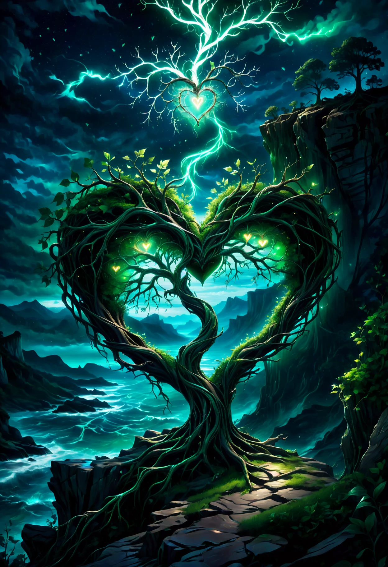 dark night, magical, glowing lights, cinematic, a withered tree on a cliff, branches in the shape of a heart, beautiful, a magical blue|green portal swirls, dark night <lora:FaeTastic2:0.8>
