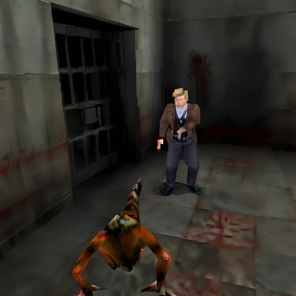 president donald trump crawling creature, closeup, , silent hill horror, jail wall, SCP containment breach, (ps1 style), <lora:ps1style-000020:1>, (game screenshot), (computer generated image)