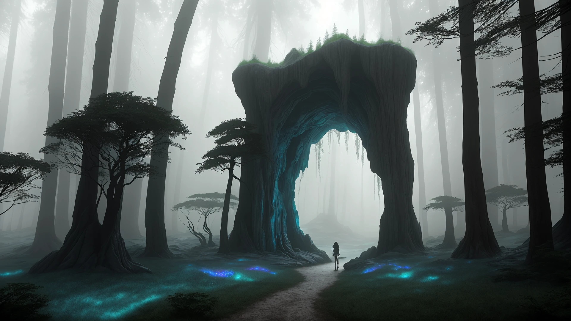 A mystical portal opens up in a dense, misty forest. As the fog clears, a breathtaking vista appears before your eyes - a vast, otherworldly landscape filled with strange rock formations, towering cliffs, and ethereal, iridescent creatures fluttering overhead. You step through the portal, eager to explore the wonders that await beyond.