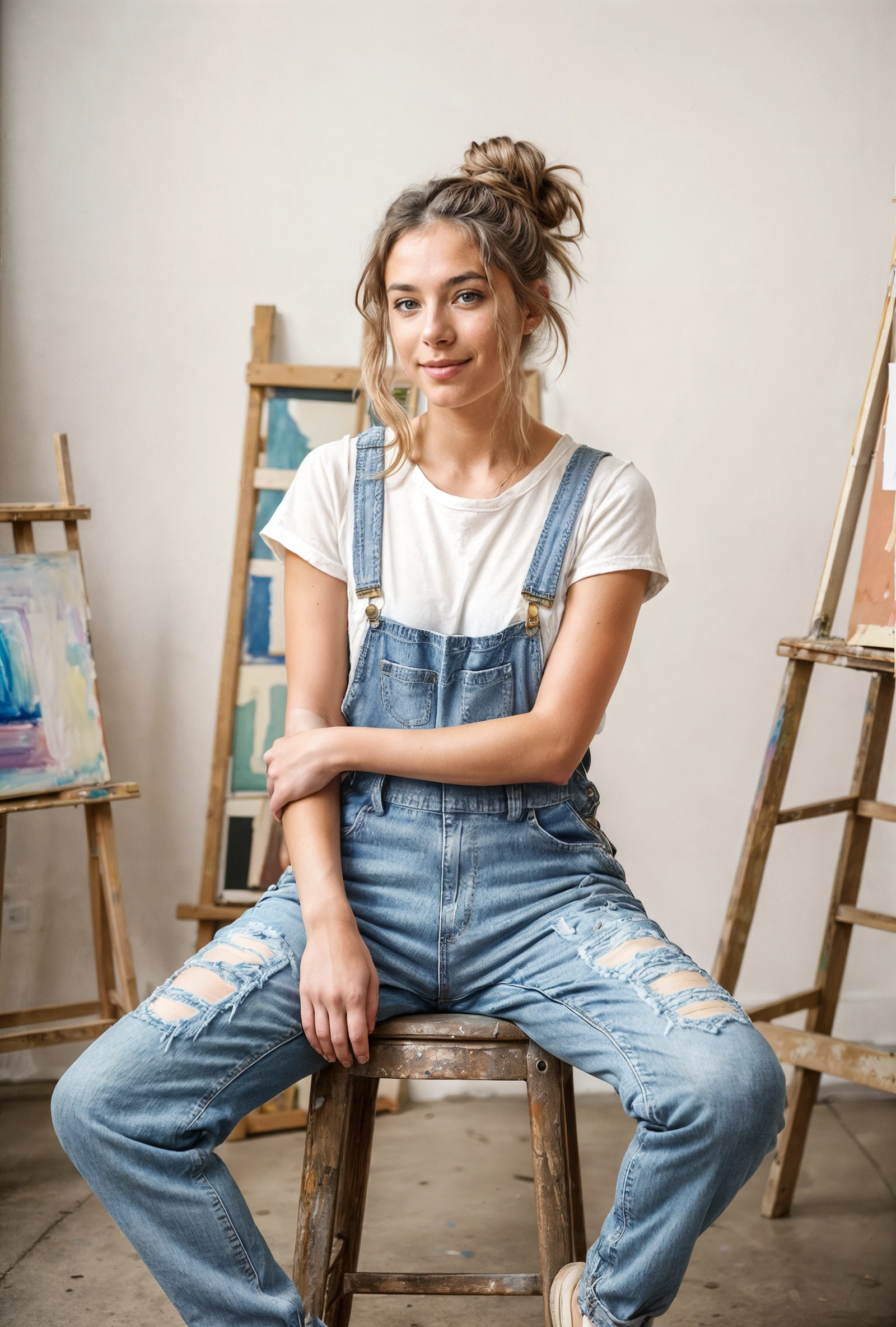 (candid photo:1.3), a beautiful artist wearing jeans dungarees relaxing in her art studio after painting a big canvas, sneakers, (standing upright on a stool:1.1), 19th century Parisian artist, nude portraits in room, hair in messy bun, (color paint on clothes:1.1), behind the scenes, one human, natural skin texture, sitting upright on stool, full body shoot